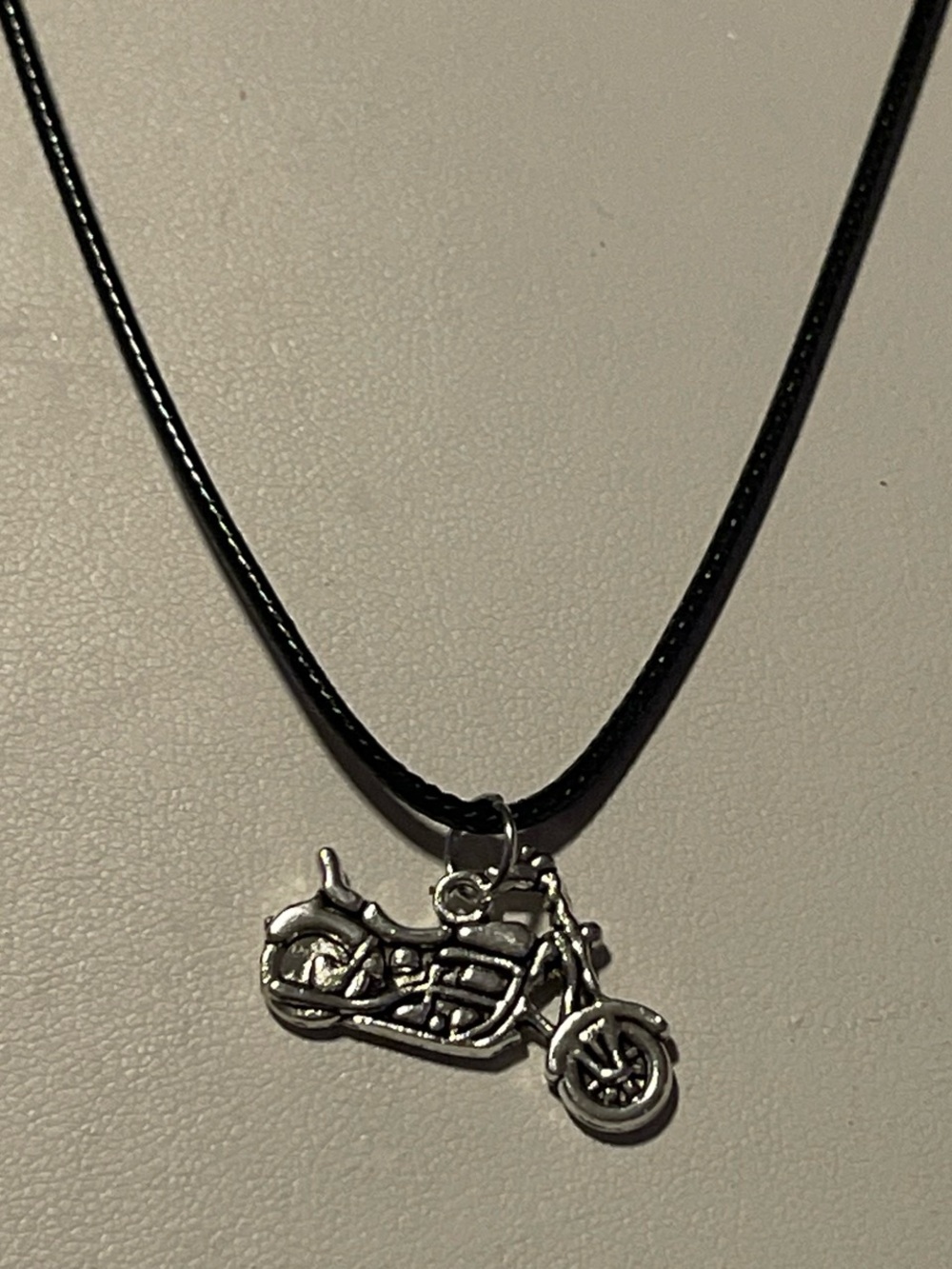 Silver Motorcycle Pendant Necklace on Black Cord